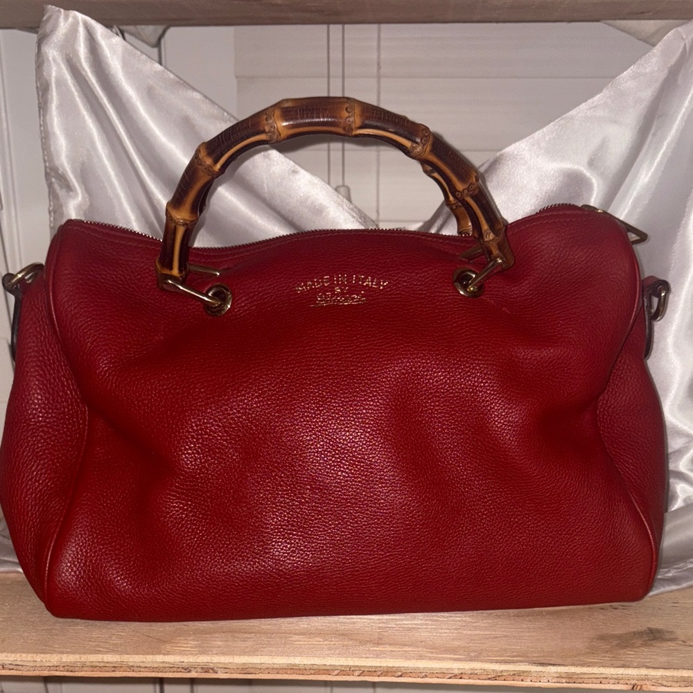 Gucci Red Leather Boston with Bamboo Handle